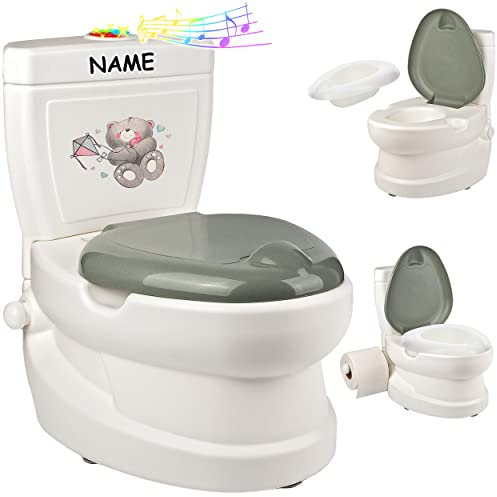 alles-meine.de GmbH Kindertoilette/Töpfchen Spülgeräusch + Licht Teddy Bär - inkl. Name mit Wasserspülung Sound - Nachttopf/Babytopf - mit Deckel - weiß - Musik - Toile..
