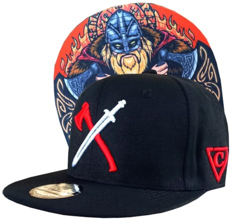 Capiche [99+ Designs] Gorra Snapback Negra para Hombres, The Viking RW, de niño, Vikingo, Guerreros nórdicos, Hacha y Espada, Larp
