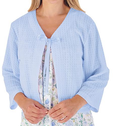 Slenderella Ladies Waffle Knit Ribbon Tie Bed Jacket 3/4 Sleeve House Coat Small (Blue)
