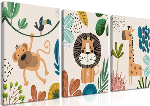 AKWISH Set of 3 Framed Wall Canvases for Baby Room, Boy or Girl Room, Safari Theme, 12 x 16 inches