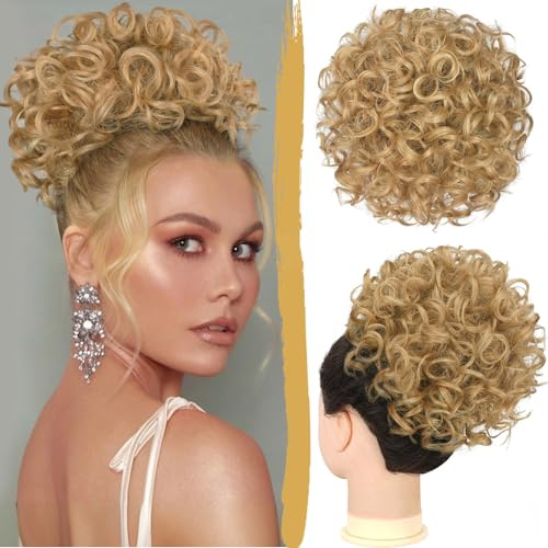 PEACOCO Messy Bun Short Curly Ponytail Extension Elastic Drawstring Loose Hair Bun Hair Pieces for Women with Thinning Hair High Temperature Synthetic Fiber Hair Bun Extension 80g, Light Golden Blonde