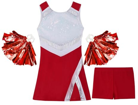 Cheerleading Uniformer Cosplay Cheerleading Kostymer för flickor för barn Cheerleading Uniformer Sportklänning + Set med blombollar för tävlingsdanskläder (Färg: Röd