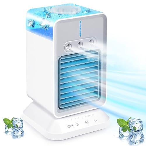 Bärbar Luftkonditionering, Evaporativ Luftkylare med 300 Ml Vattentank, 3 Hastighetsjusteringar, Automatisk Timer, 360 Grader Rundstrålande, 3 Nivåer Oscillerande