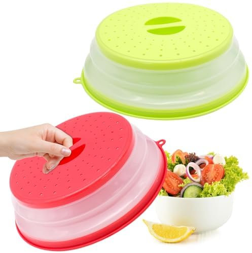 FORYNXHWIN 2Pack Collapsible Microwave Food Covers, 10.5 Food Splash Guards BPA Free, Colander Strainer for Fruit Vegetables, Round with Grip Handle & Hook Hole (Red + Green)