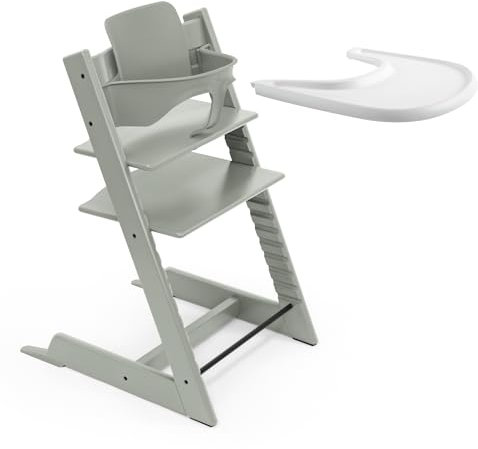 Trona Tripp Trapp de Stokke (Verde Glaciar) Con Bandeja (Blanco) - Incluye Silla, Baby Set 2 Para Niños de 6 a 36 Meses - Ajustable y Fácil de Limpiar