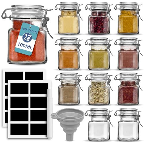 HEFTMAN Lot de 12 petits pots à épices vides de 100 ml avec couvercles, étiquettes et entonnoir, joint hermétique – Parfait pour herbes, épices, assaisonnement, huiles, décoration, confitures, étagère