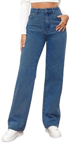 MANGGUO Damen-Jeans, hohe Taille, gerader Schnitt, gerade, Baggy, breite Beine, schlankmachend, mit Allen Hosen für Herbst und Winter, elastisch, klassisch, Denim（Dunkelblau, L）