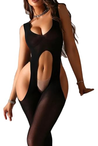 Liguero sexy para mujer, lencería de cuello redondo, tirantes estilo tirantes, traje de una pieza, medias de cuerpo de una pieza, color negro, medias huecas para Reino Unido 6-14, Negro, talla única