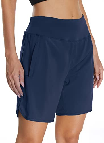 Mesing Short Sport Femme Course Taille Haute Pantalon Running Court Respirant avec Slip Intérieur et Poche Arrière à Glissière DK3083W-Blue-XL