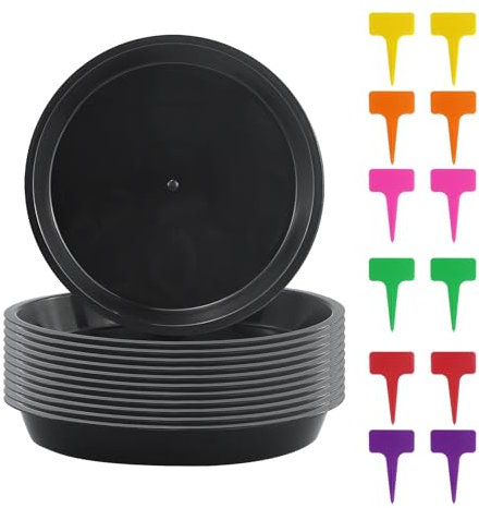 12 Pièces Coupelle Pot de Fleur Soucoupe Pot Fleur Plastique Soucoupes Pots de Fleurs (15CM) avec 12 Étiquettes sous Pot de Fleur Rond Dessous de Verre pour Plantes D'intérieur et D'extérieu