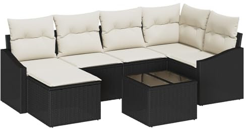 vidaXL Set di divani con Cuscino 7 PCS Nero polyrattan, Set Divano Moderno per Esterni, Leggero, Resistente ai Raggi UV, Design Rettangolare, Perfetto per Relax in Giardino