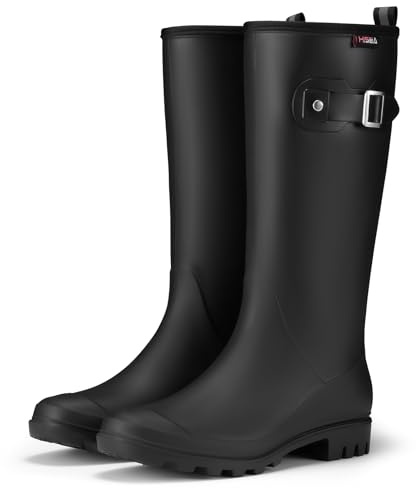 HISEA Black Rain Boots Women Slim Calf PVC Rubber Boot Tall Fashion Rainboots Waterproof Seamless Matte Surface Women's Rain Footwear Ladies Outdoor Shoes for Garden Work Walking
