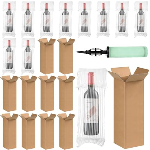 10 Stück Wein Versandkartons, Flasche Versand Karton mit Bubble-Bag und Pumpe, stabile Weinflaschen Kartons für sicheren Glasflaschentransport Umzug, Reise Versand