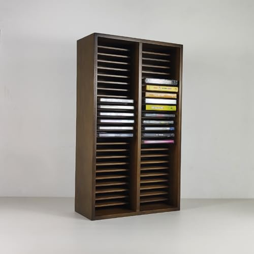 Supporto per CD in legno di noce nero, scaffale a cascata per DVD e CD, può contenere 50 custodie standard, versatile, da tavolo o da parete