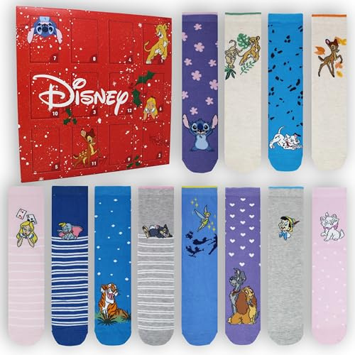 Disney Classics Dames 12 Jours de Chaussettes - Calendrier de l'Avent – Boîte cadeau avec 12 Paires de Chaussettes