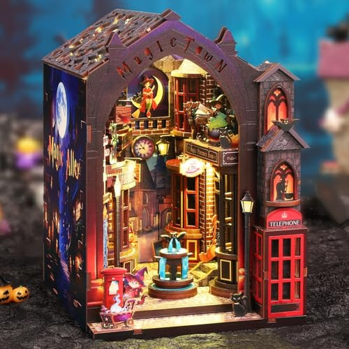 Merrifete Magic Alley LED Book Nook Kit - DIY Miniature House Kit Tiny Home Dollhouse - Wood 3D Puzzles Tiny House Book Nook Christmas Halloween Birthday for Boy Girl Friend, Adults, Teen 14+