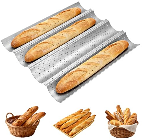 Beowanzk Baguette Baking Tray, Perforated French Stick Loaf Baking Molds, Nonstick French Bread Baking Tray, for 4 Baguettes