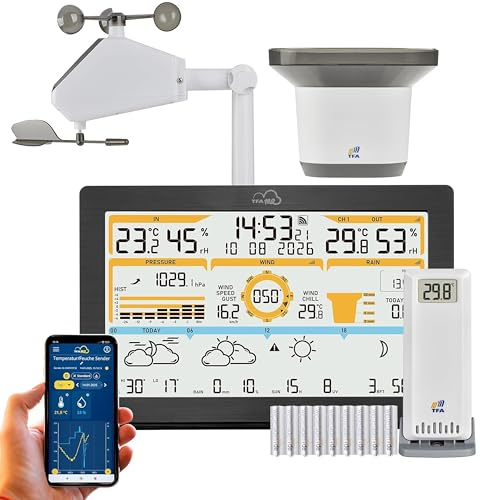 TFA Dostmann WLAN väderstation TFA.me ID-05 8-i-1, 35.8106, professionell väderprognos wetter.com 4 dagar, onlineportal, inklusive vind-regn-temperatur-luftfuktighet sändare (svart med batterier)