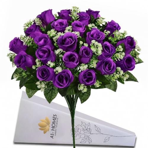 A1-Homes 41cm Artificial Silk Red Rose Bush with Gyp & Foliage 24 Flower Heads- Wedding Grave Home Decoration (Purple, 1 Bunch)