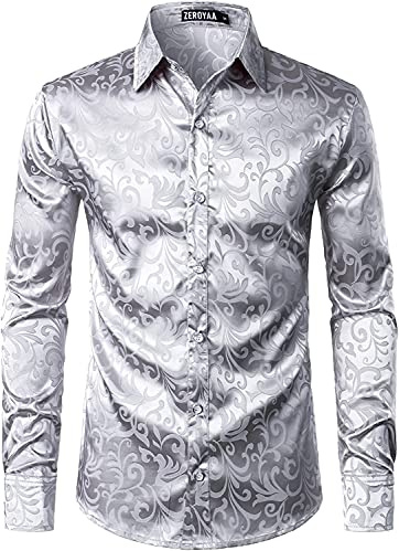 PARKLEES Camicia da uomo a maniche lunghe slim fit con stampa floreale di lusso, tessuto di raso simile alla seta, versatile da indossare per matrimoni, feste, balli, affari, casual - XL, Argento, M