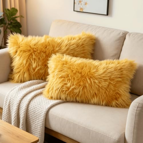 OYIMUA Soft Faux Fur Cushion Covers 30x50cm Mustard Set of 2 for Sofa Bed | Fluffy Decorative Pillow Covers 12x20 for Living Rooms,Bedrooms,Offices,Machine Washable,Hidden Zipper,Fade-Resistant
