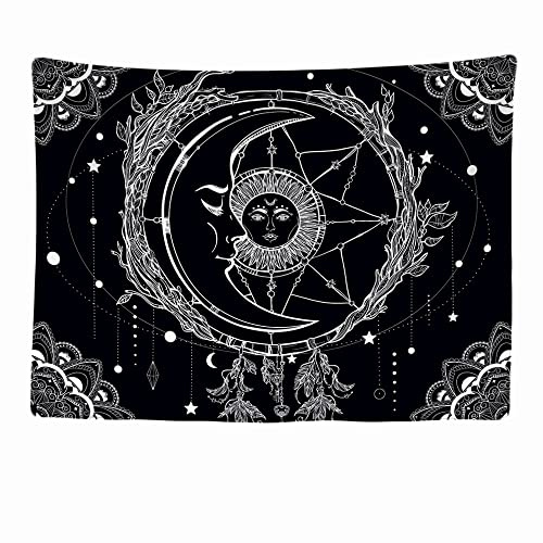 Ulticool - Appeso a Parete Decoración Casa - Sol Luna Mandala Tarort Negro Blanco - 200 x 150 cm Grande – Murales Alfombra Tapiz Pared - Tapices Decorativo para Habitacion Dormitorio Salon