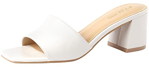 PIZZ ANNU Women's Square Open Toe Heels Sandals Low Block Chunky Heeled Sandal Slip on Mules Comfortable Casual Dress Pumps Shoes, Off White 8