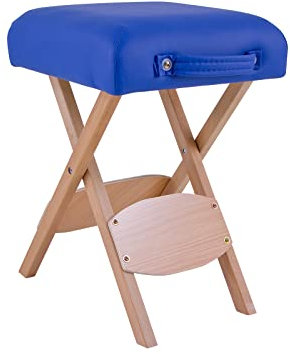 QUIRUMED Klapphocker aus Holz mit Sitz, blau gepolstert, vielseitig einsetzbar, Beistelltisch, Fußstütze, Kunstleder, transportabel, bis 100 kg, 33 x 33 x 48