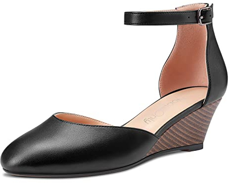 NobleOnly Femmes Mi Compensé Talon Heel Rond Bout Lanières Cheville Sandales Cute Dress Bureau 5 CM Heels Escarpins Noir Matte 40 EU
