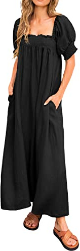 KIRUNDO Women 2026 Summer Maxi Dress Casual Loose Puff Sleeve Square Neck Maternity Flowy Long Beach Dresses with Pockets(Black, Large)