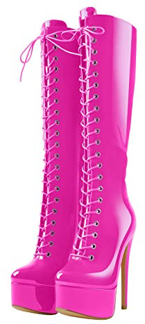 Only maker Damen Stiefel Plateau Kniehoch Schnürstiefel Langschaft mit Stiletto Absatz Reißverschluss Lack Rosa 39 EU