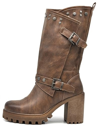 Botas de tobillo con tacón grueso y plataforma de IF Fashion para mujer con tachuelas de cuero sintético G669, 37 EU
