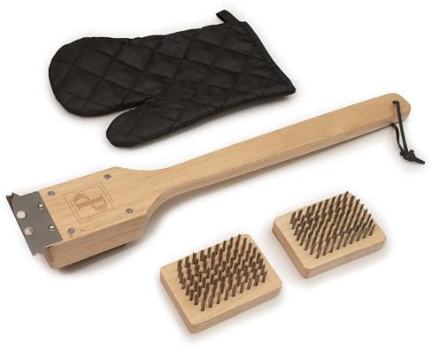 Cepillo grande para barbacoa de madera exótica, 42 cm, con un guante, 2 cepillos de repuesto, raspador modular, ecológico y económico, concepto exclusivo innovador francés protegido
