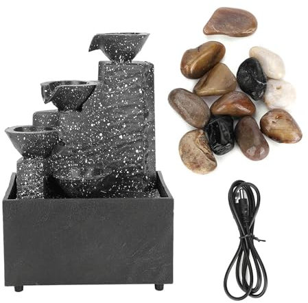 Desktop USB Water Fountain Ornament, Tabletop Fountain, Indoor Home Office Table Decoration with Stones and Decorative LED Lights, for Home, Office, Bedroom, Desk, Decor