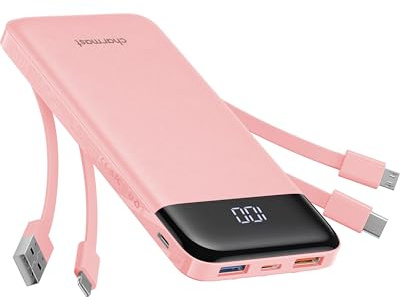 Charmast Portable Charger with Built in Cables, Power Bank with Cords Wires, Slim 10000mAh Travel Battery Pack 6 Outputs 3 Inputs 3A Fast Charging for Samsung Google Pixel LG Moto iPhone iPad