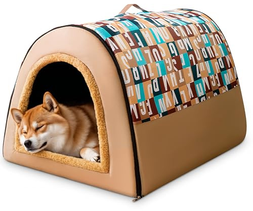 ALLSOPETS Cama para Perro y Gato 2-en-1 Plegable Tienda Cueva Térmica para Gatos y Perros Pequeños y Medianos | Casa Portátil para Mascotas con Asas para Sueño Profundo (Letra Marrón, XXL)