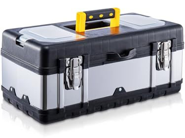 CROWNSHOP Tool Box ToolBox StorageHeavy Duty Stainless Steel Portable Toolbox with Metal Dual Latch Removable Tray Storage Case with Tray and Latch for Small Parts for Tools (14 Inch)