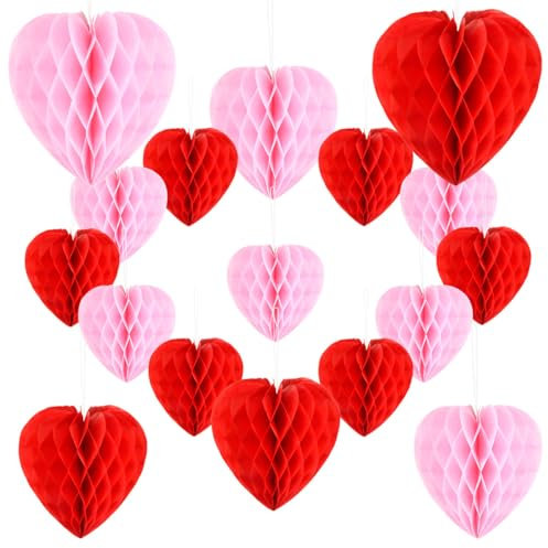 CENBEN 17 Pcs Red and Pink Heart Shaped Tissue Paper Honeycomb Balls, Paper Honeycomb Decorations for Valentine's Day Decorations Anniversary Wedding Engagement Proposal Party