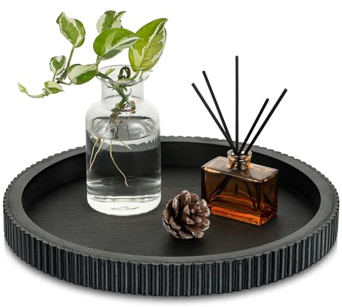 Hanobe Bandeja Decorativa para Mesa de café: bandejas Negras para Centro de Mesa para decoración del hogar, decoración Moderna de Madera Redonda de 12 Pulgadas para Sala de Estar, Comedor, Cocina