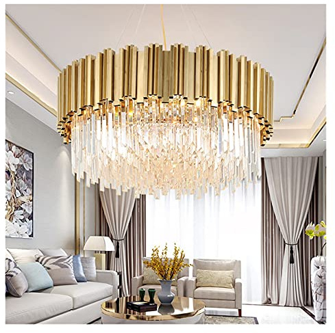 Luz colgante , Candelabros LED LED posmoderno redondo dorado de acero inoxidable araña de cristal iluminación lustre suspensión luminaria Lampen compatible con comedor K9 cristal transparente(Coldwhit