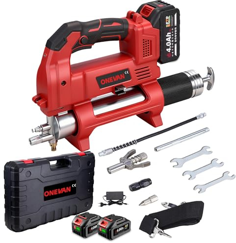 ONEVAN Pistola de lubricación eléctrica, 12000 PSI Engrasadora Batería, 800W Motor sin escobillas, 600 ml Capacidad, 2 baterías de 4,0 Ah, Apta para los sectores automo y agrícola (Rojo)