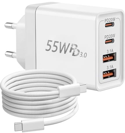USB C laddare, 55 W 4 portar multi-USBC-kontakt snabbladdningsuttag PD QC 3.0 väggadapter för laddare typ C USB laddare för 17 16 15 14 13 12 11 Pro Max iPad Samsung Telemovel