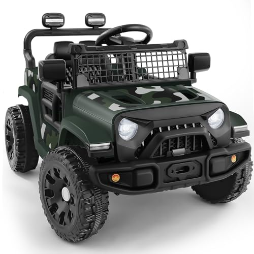 ELEMARA Electric Cars for Kids, Max 3.5MPH, 12V Ride On Toy Car W/Remote Control, Bluetooth, LED Lights, Shock Absorbers, Motorized Off-Road Truck, 3 Speeds Electric Vehicles for Child-Green