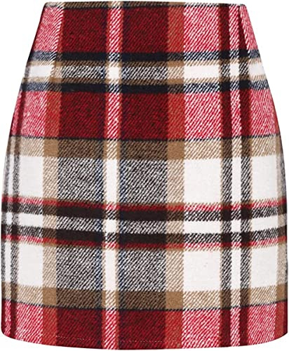 WINKEEY Gonna Corta Donna Autunno Invernale Vita Alta Elegante Minigonna Motivo a Quadri Linea A Casual Gonne Invernali,Rosso M