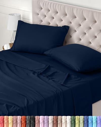 Utopia Bedding Juego de Sabanas 4 Piezas 160x200 - Poliéster Microfibra Cepillada - Oeko-Tex Certificado - Sábana Bajera, Sábana Plana y 2 Fundas de Almohada 50x75 (Cama 160, Azul Marino)