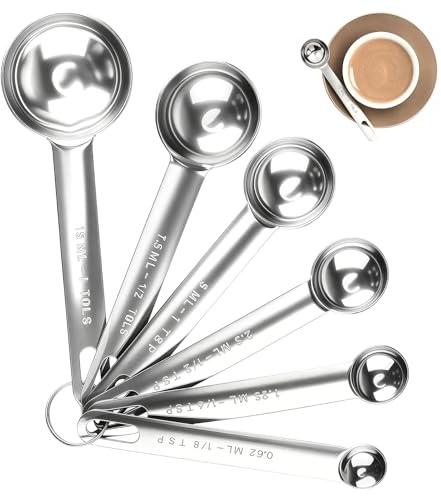 Stainless Steel Measuring Spoons Set, 6 Pcs Heavy Duty Metal Measure Spoons for Dry and Liquid Ingredients, Includes 1/8, 1/4, 1/2, 1 Tsp, 1/2 Tbsp, 1 Tbsp, Essential Kitchen Tools for Baking and Cook