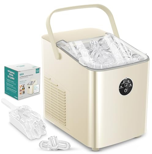 FOHERE Macchina Ghiaccio 14KG in 24h, Cubetti in 6-8 Min, Autopulente, 2 Dimensioni di Ghiaccio, Macchina per il Ghiaccio con Maniglia Portatile per Casa/Cucina/Ufficio/Bar (Albicocca)