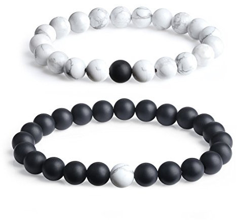 COAI Freundschaftsarmbänder Partner Armband Distance Bracelets aus Mattem Onyx und Howlith Yin und Yang Armbänder