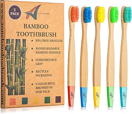 Bamboo Adult Toothbrushes - BPA Free Medium Bristles - Wooden Toothbrush - Organic Biodegradable Handle - Plastic Free Packaging- Family Pack of 5 Natural Bamboo Toothbrush