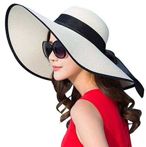 DRESHOW Femme Capeline Chapeau de Paille à Large Bord Casquettes Anti-Soleil Respirant Anti UV Chapeau de Paille Plage de Soleil UPF 50+
